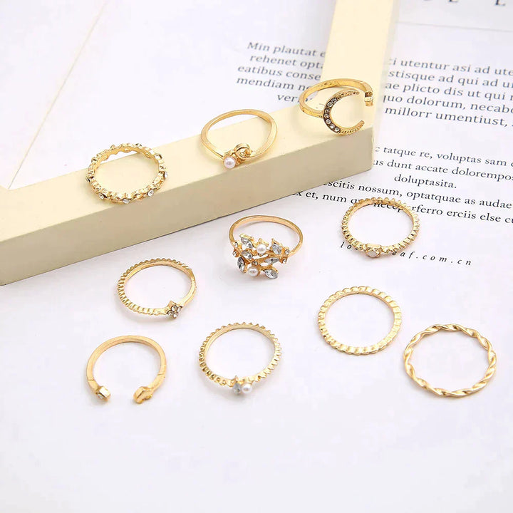 10-Piece Bohemian Ring Set in Silver and Gold