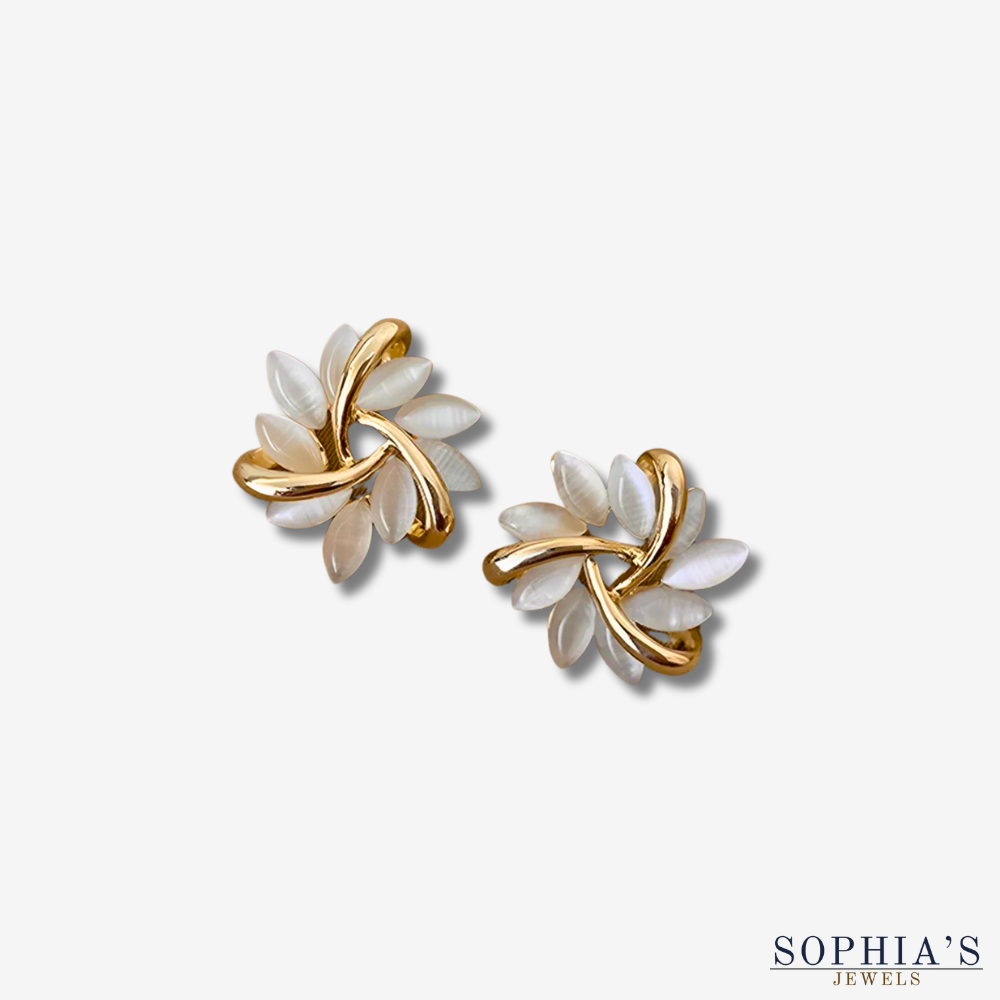 Moon Opal and Petal Earrings in Gold