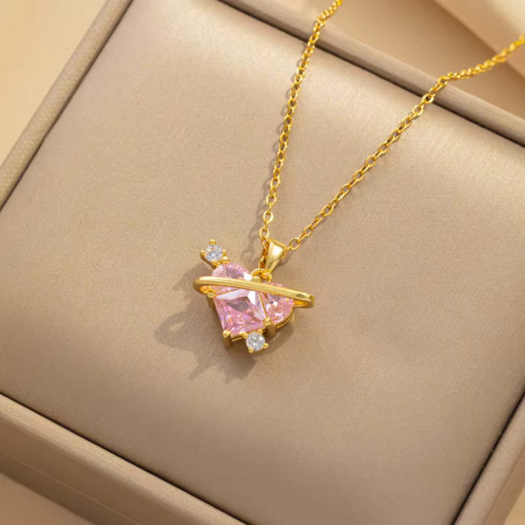 Crystal Pink Heart Zircon Necklace