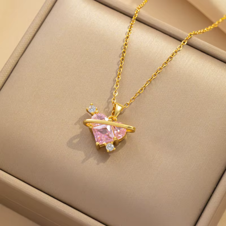 Crystal Pink Heart Zircon Necklace