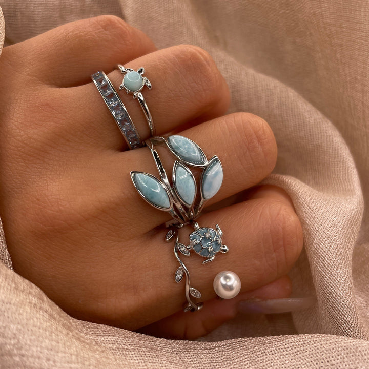 Blue Sea Turtle Open 925 Sterling Silver Ring | Ocean-Inspired Adjustable Ring