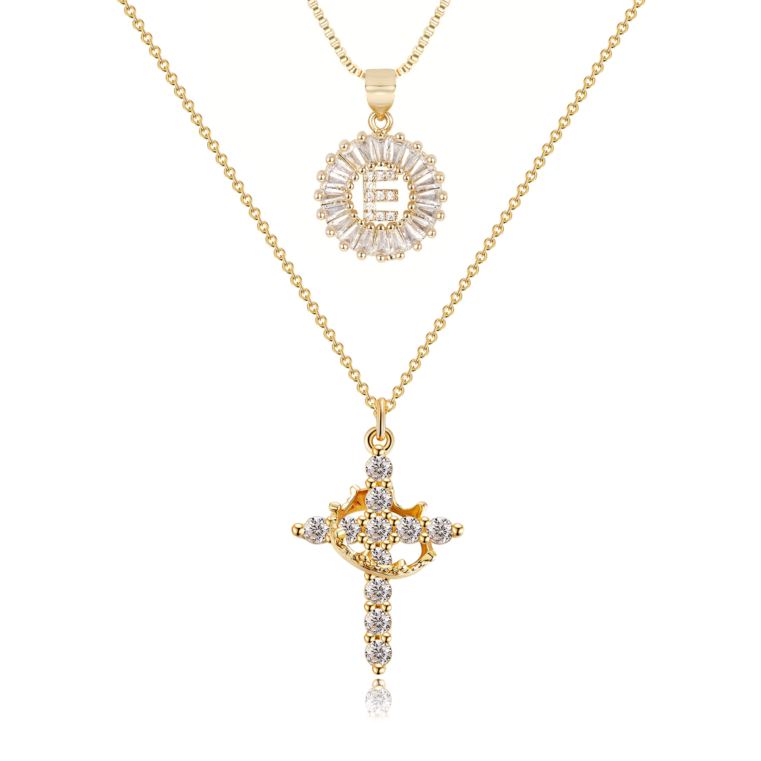 2pc 14k Diamond Cross Crown & Initial Necklace Set