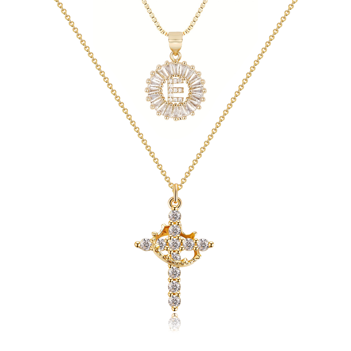 2pc 14k Diamond Cross Crown & Initial Necklace Set
