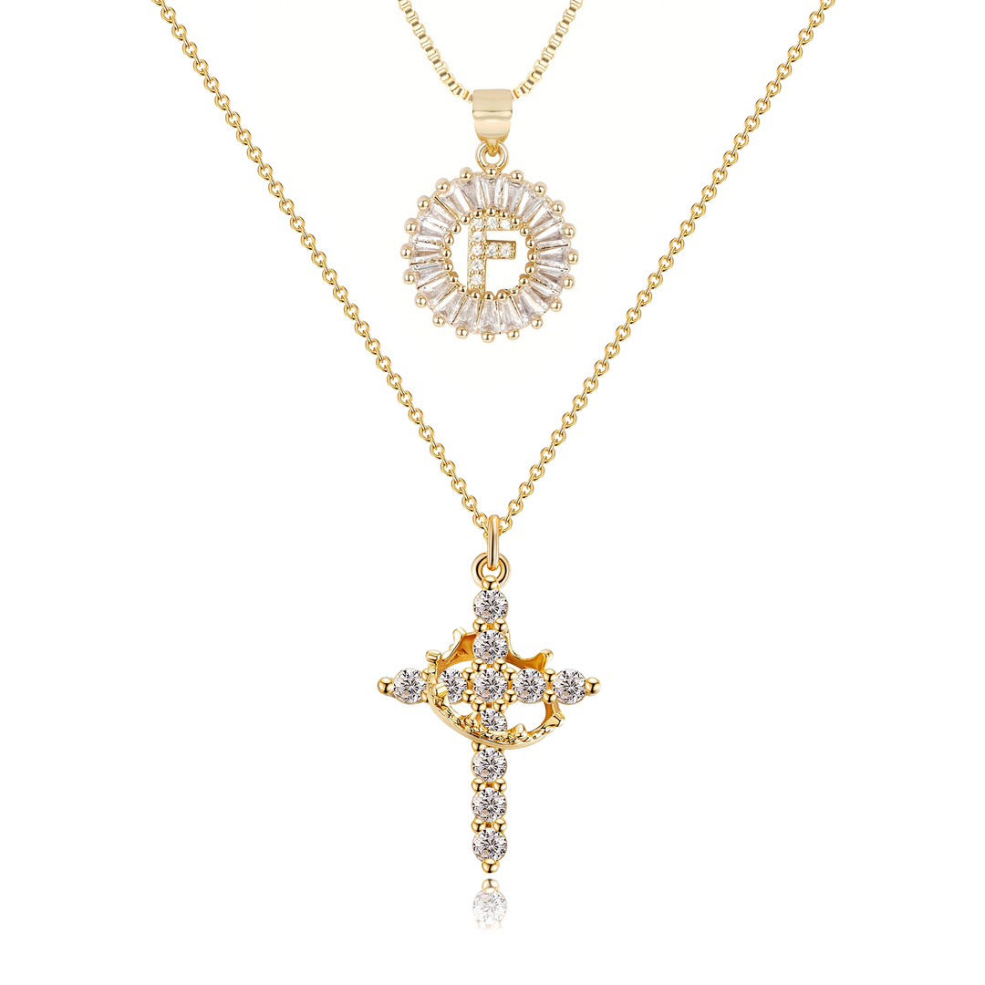 2pc 14k Diamond Cross Crown & Initial Necklace Set