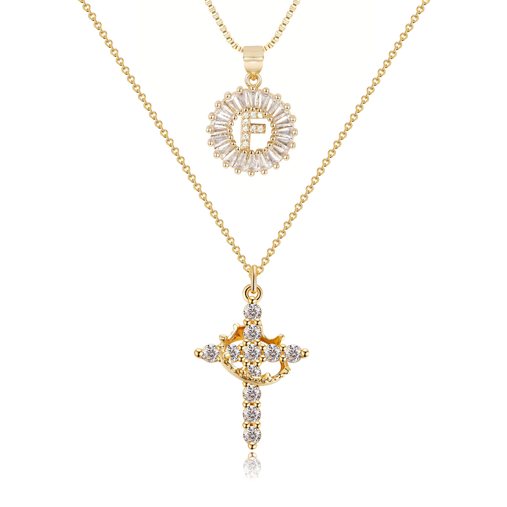 2pc 14k Diamond Cross Crown & Initial Necklace Set