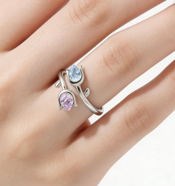 Mother&Daughter Double Birthstones Tulip Ring