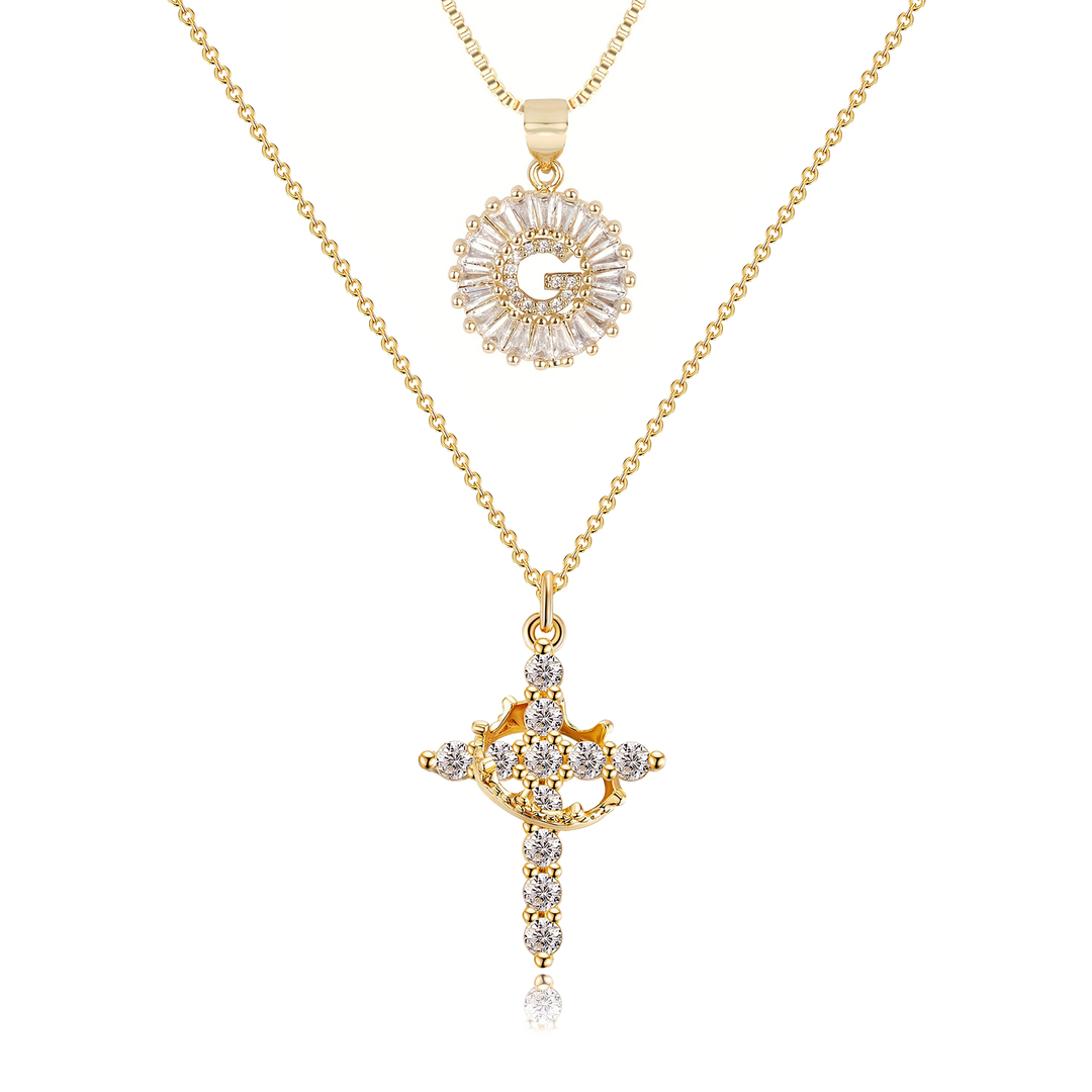2pc 14k Diamond Cross Crown & Initial Necklace Set