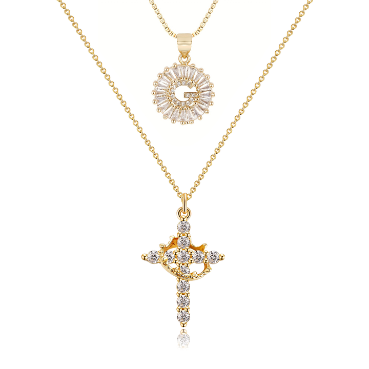2pc 14k Diamond Cross Crown & Initial Necklace Set