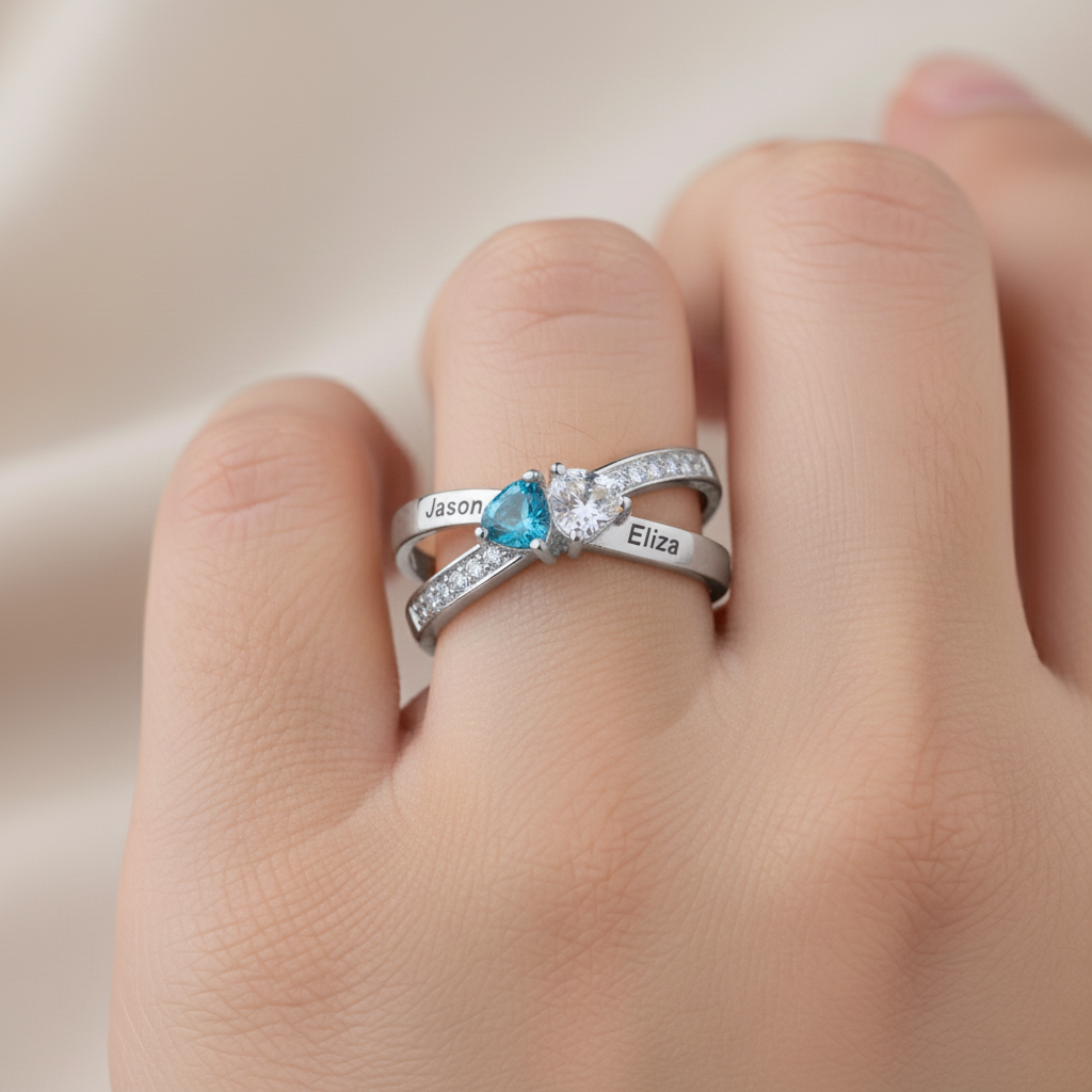 For Love - Custom Promise Two Heart Birthstone Ring