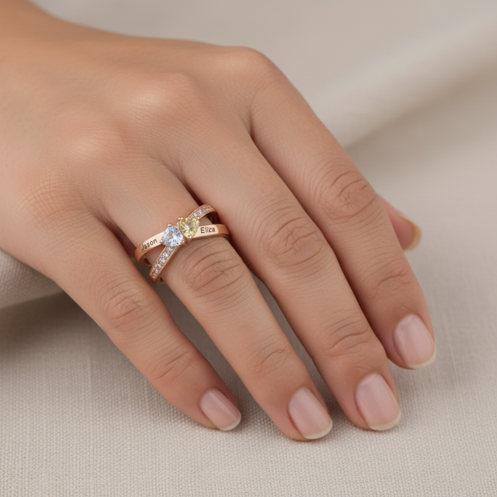 For Love - Custom Promise Two Heart Birthstone Ring