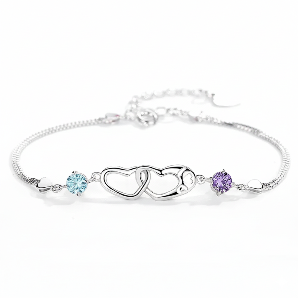 MOTHER AND DAUGHTER BIRTHSTONE CUSTOM DOUBLE HEART BRACELET
