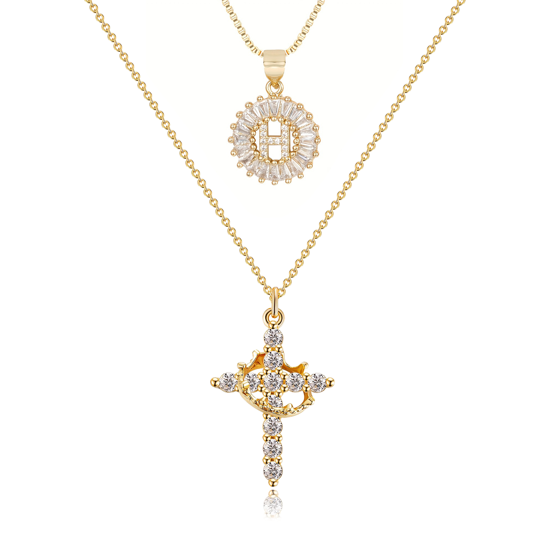 2pc 14k Diamond Cross Crown & Initial Necklace Set