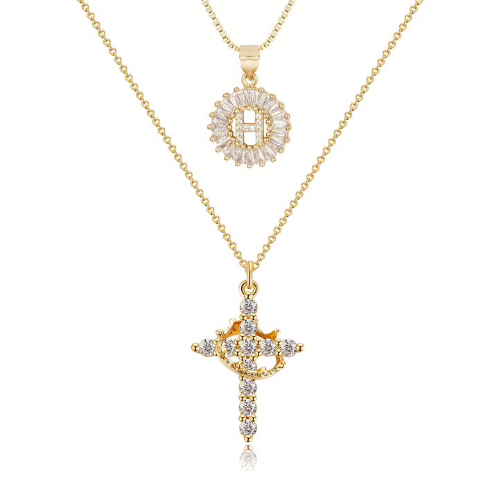 2pc 14k Diamond Cross Crown & Initial Necklace Set