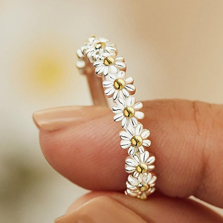 Adjustable Silver Daisy Ring with Hand-Painted Enamel