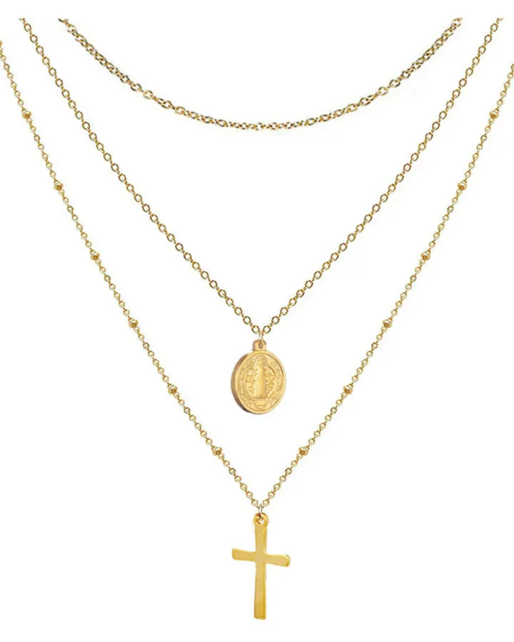 Double Necklace with Medal of the Virgin Mary and Cross (Gold Plated)