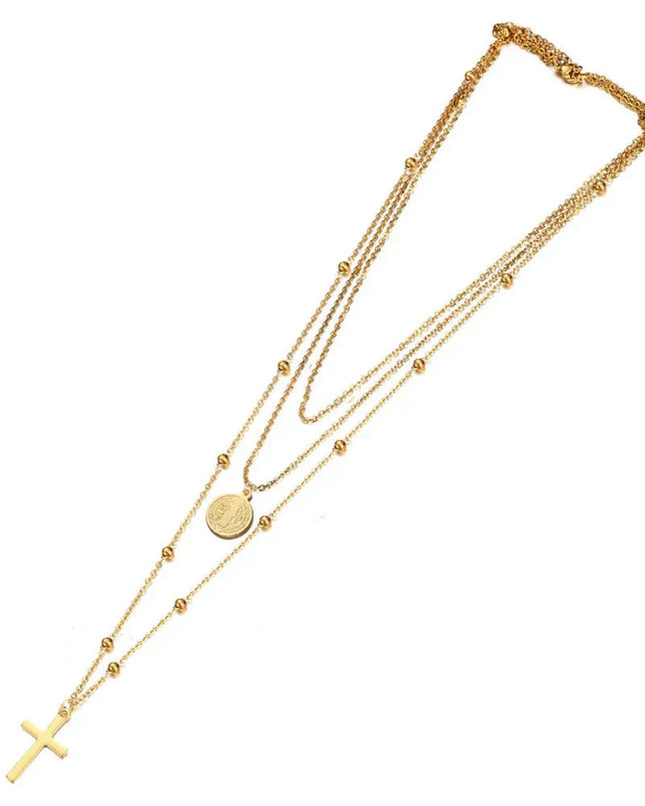 Double Necklace with Medal of the Virgin Mary and Cross (Gold Plated)