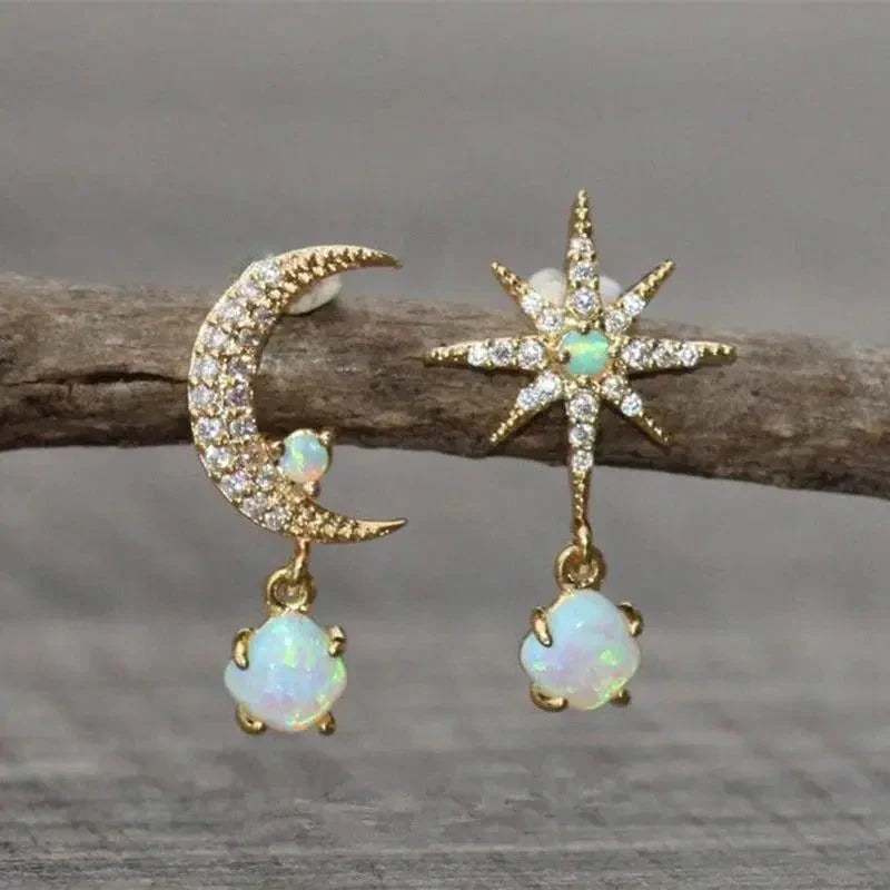 Antique Bloom | Gold & Opal Moon & Star Earrings