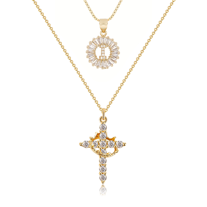 2pc 14k Diamond Cross Crown & Initial Necklace Set