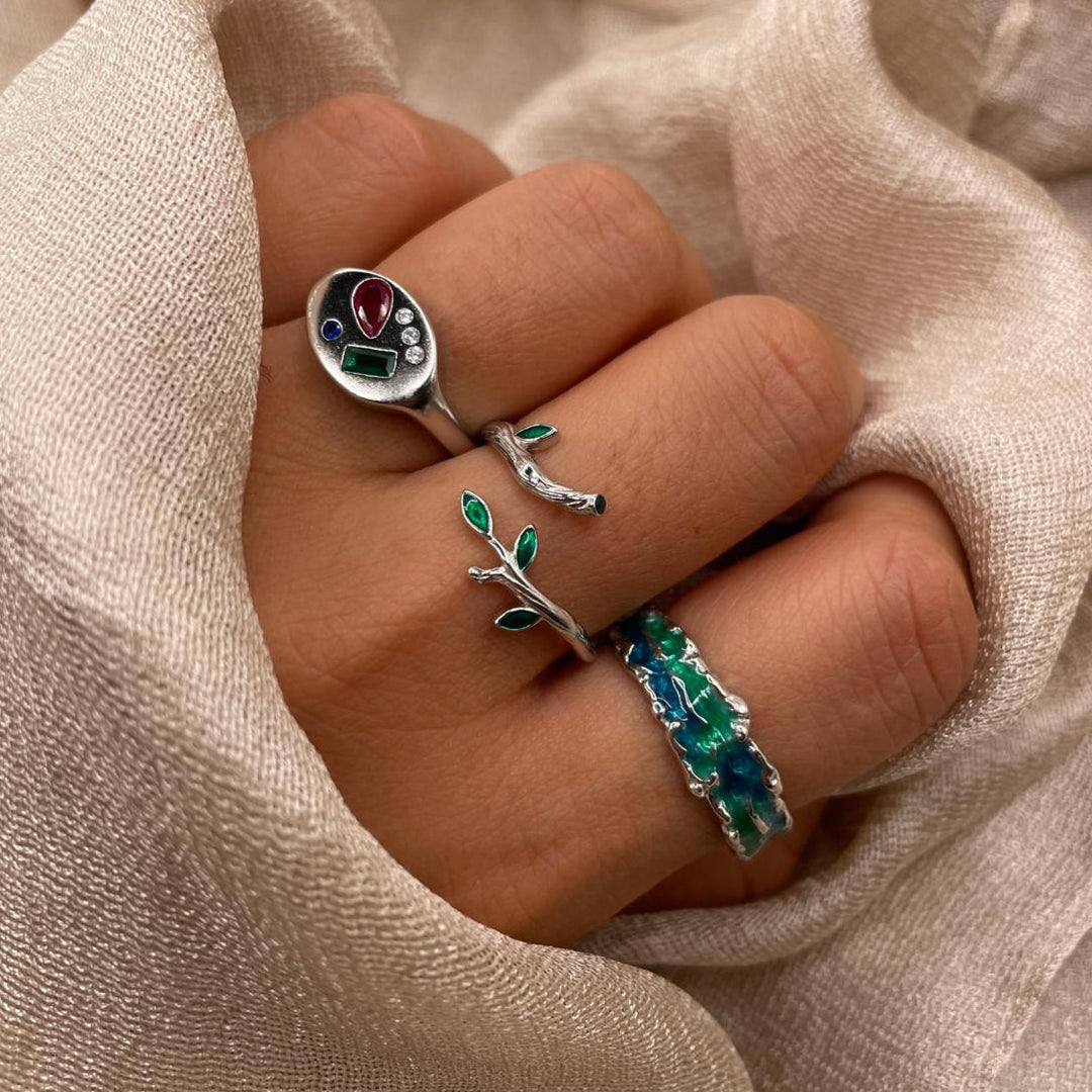 Green Enamel Branch Sterling Silver Ring - Adjustable