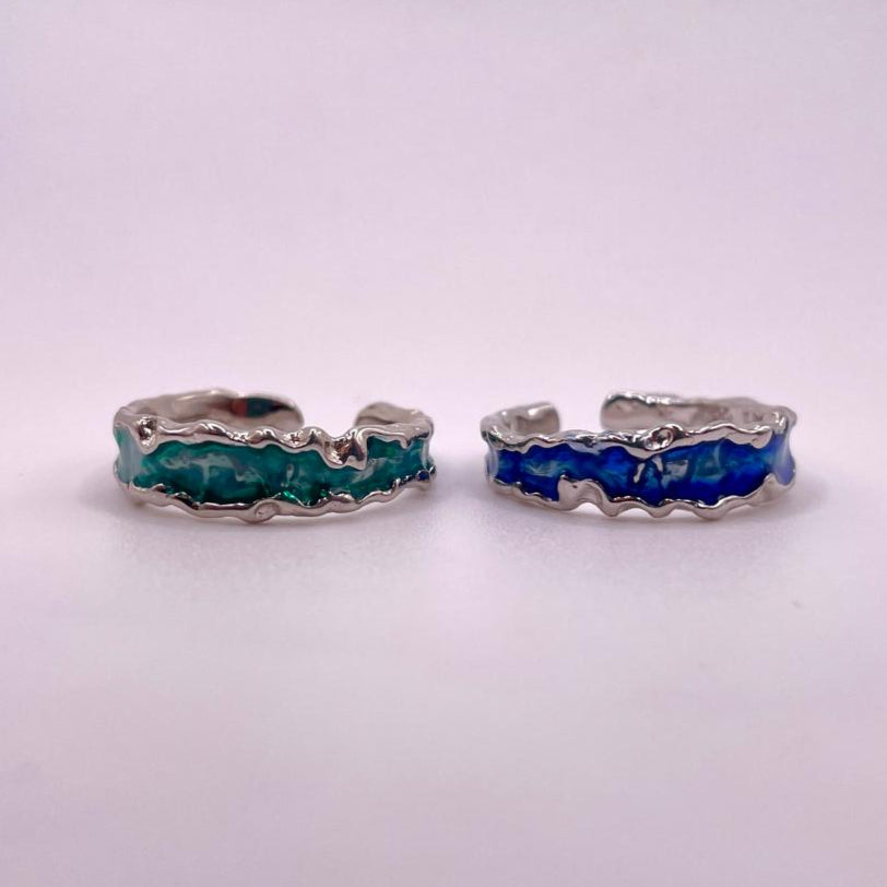 Ocean Blue & Green Enamel Wave 925 Sterling Silver Ring