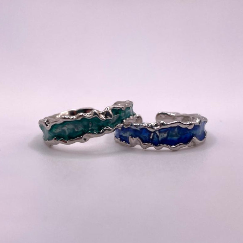 Ocean Blue & Green Enamel Wave 925 Sterling Silver Ring