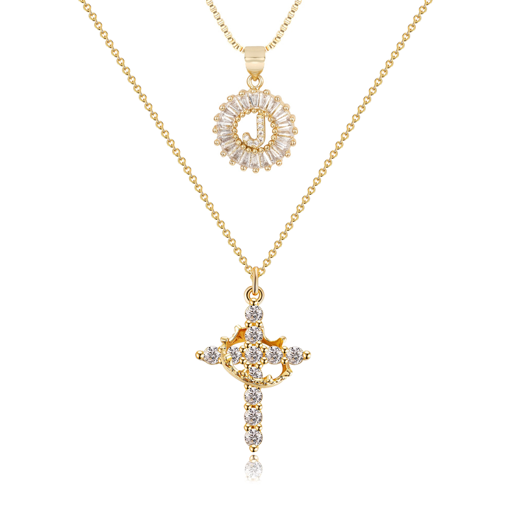 2pc 14k Diamond Cross Crown & Initial Necklace Set