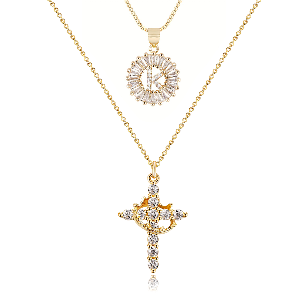 2pc 14k Diamond Cross Crown & Initial Necklace Set