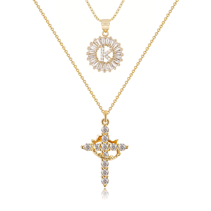 2pc 14k Diamond Cross Crown & Initial Necklace Set