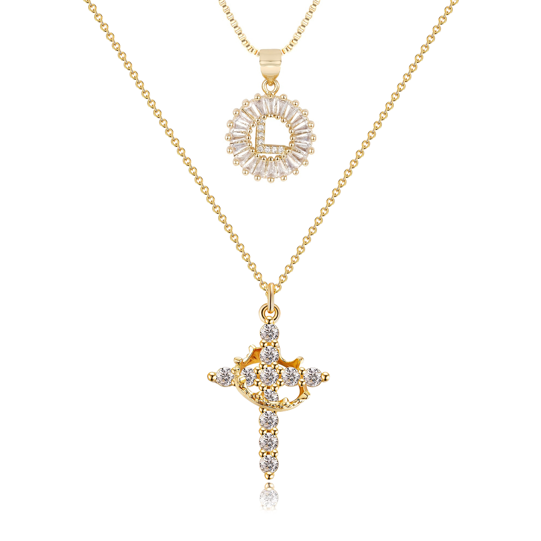 2pc 14k Diamond Cross Crown & Initial Necklace Set