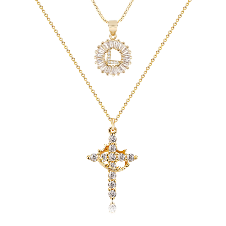 2pc 14k Diamond Cross Crown & Initial Necklace Set