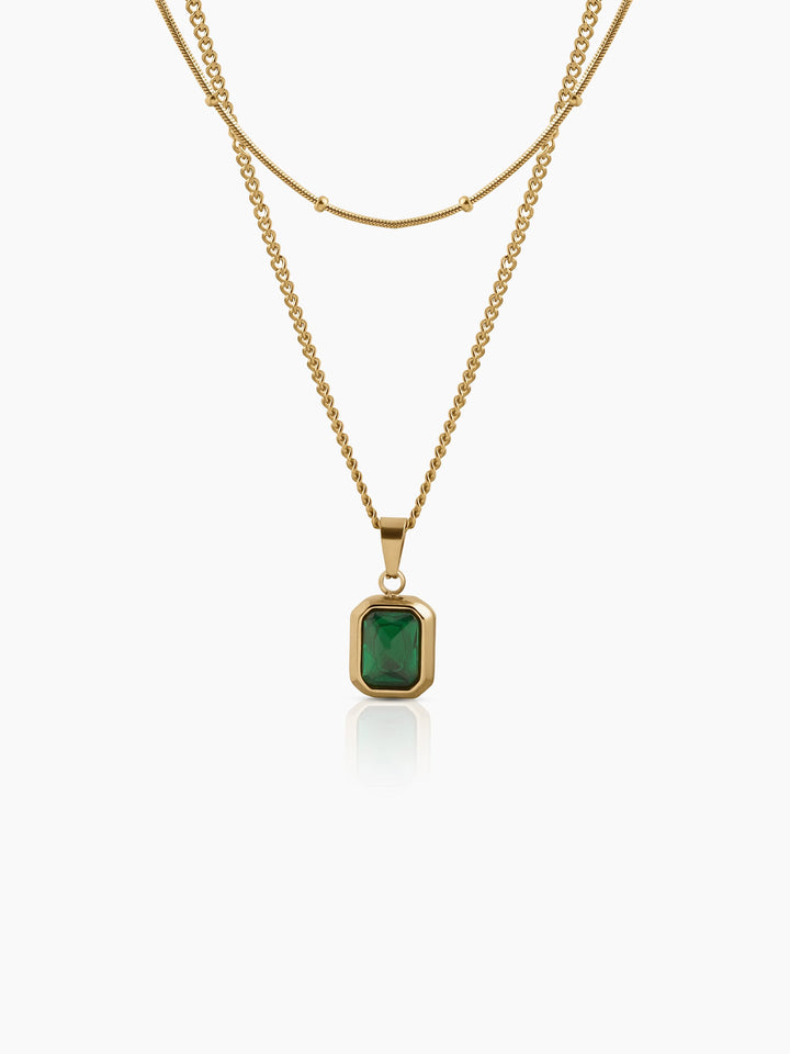 Lavena Green Stone 18K Gold Plated Layered Necklace