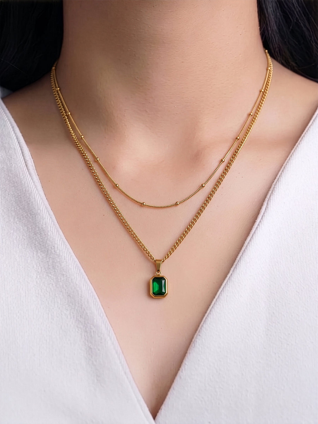Lavena Green Stone 18K Gold Plated Layered Necklace