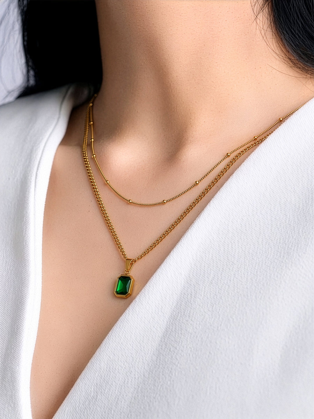 Lavena Green Stone 18K Gold Plated Layered Necklace