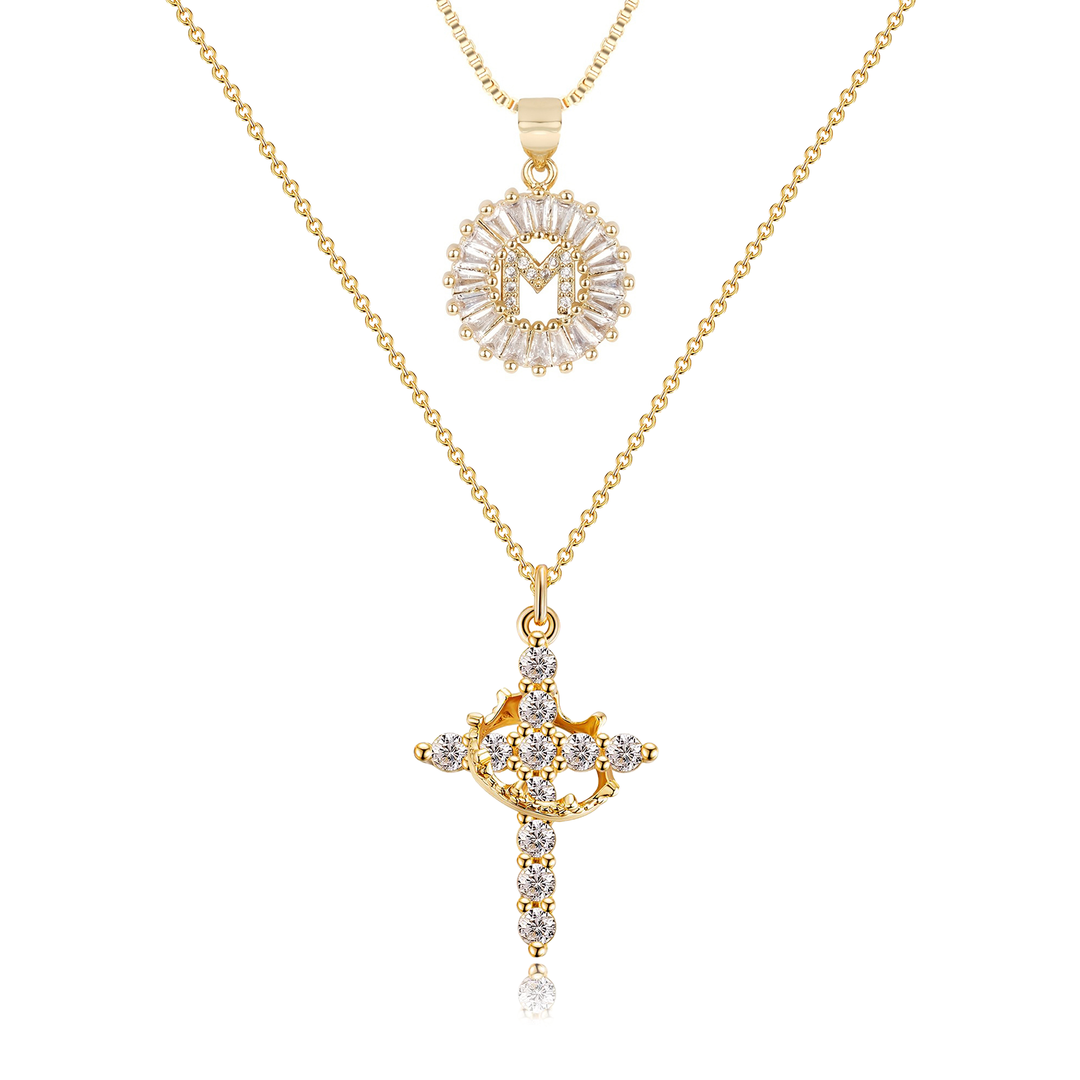 2pc 14k Diamond Cross Crown & Initial Necklace Set