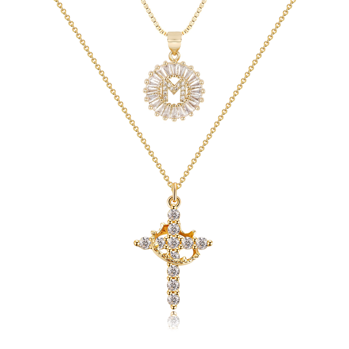2pc 14k Diamond Cross Crown & Initial Necklace Set