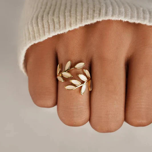 Pure - White Opal Leaf Adjustable Ring