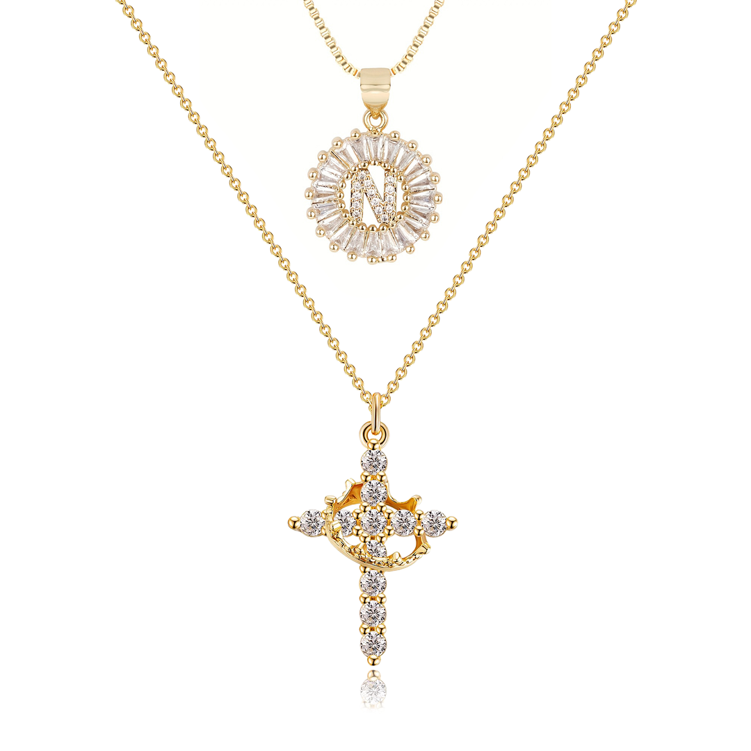 2pc 14k Diamond Cross Crown & Initial Necklace Set
