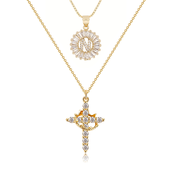 2pc 14k Diamond Cross Crown & Initial Necklace Set