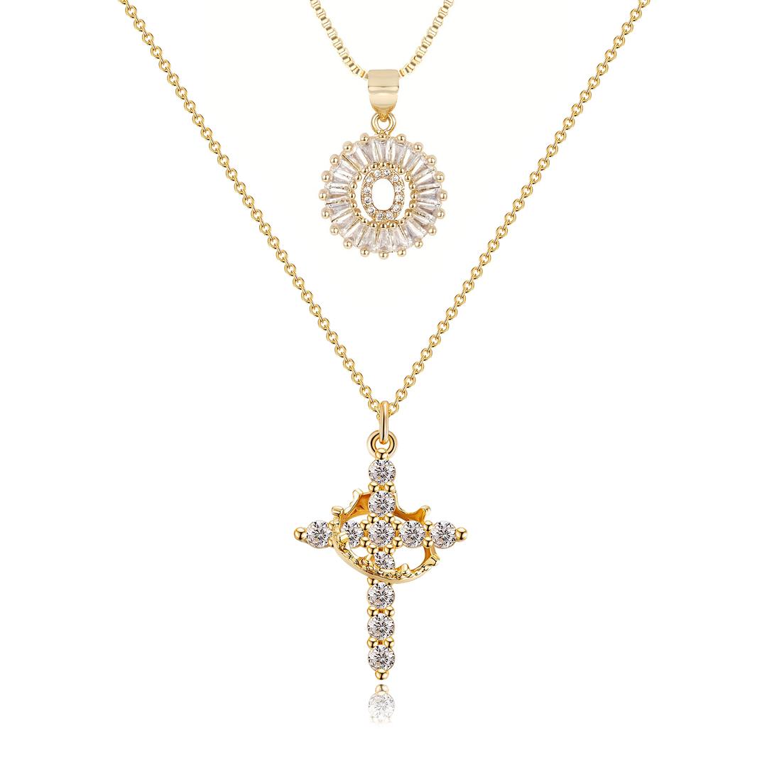 2pc 14k Diamond Cross Crown & Initial Necklace Set