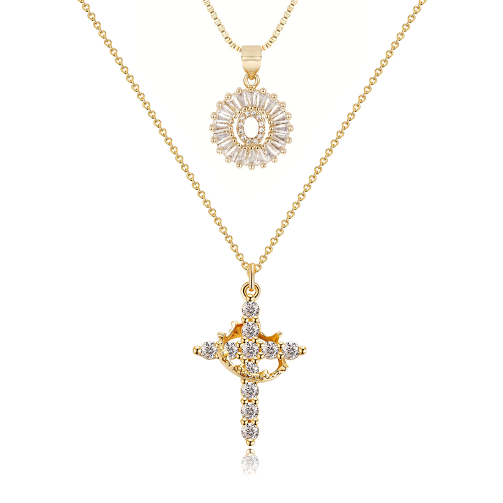 2pc 14k Diamond Cross Crown & Initial Necklace Set