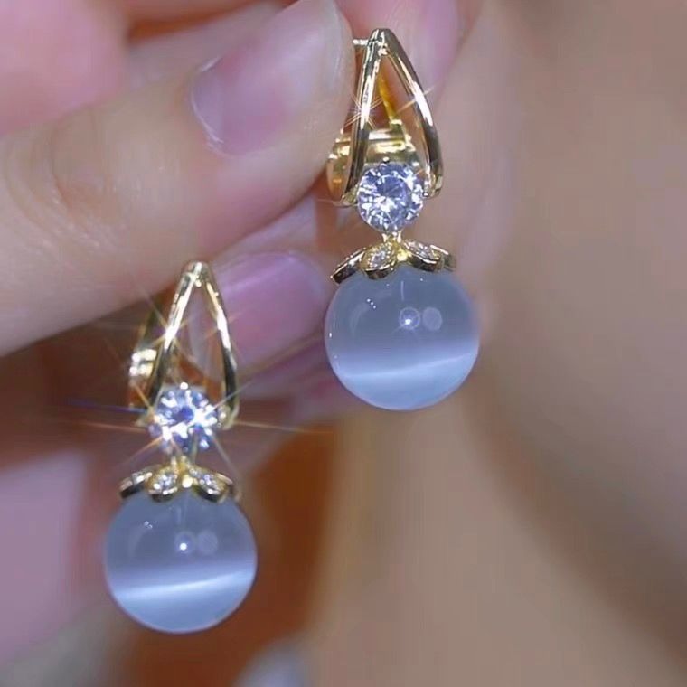 14K Gold-Plated French Diamond Cat's Eye Stone Earrings