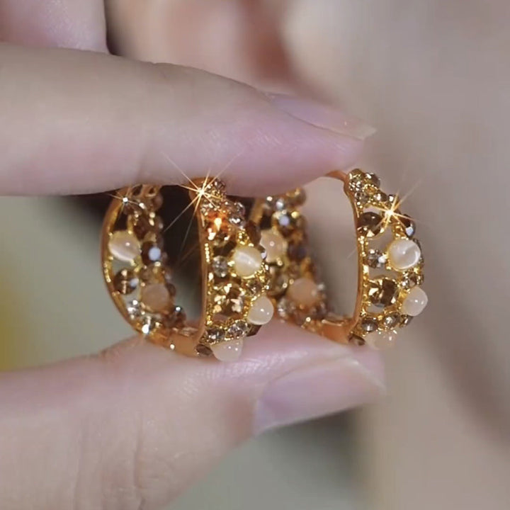 14K Gold-Plated Elegant Diamond Cat's Eye Stone Hoop Earrings