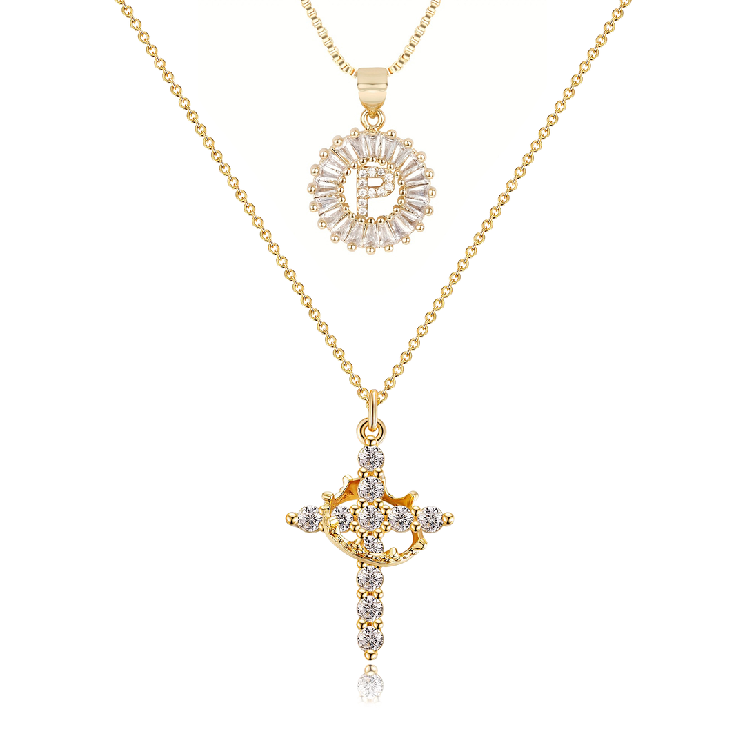 2pc 14k Diamond Cross Crown & Initial Necklace Set