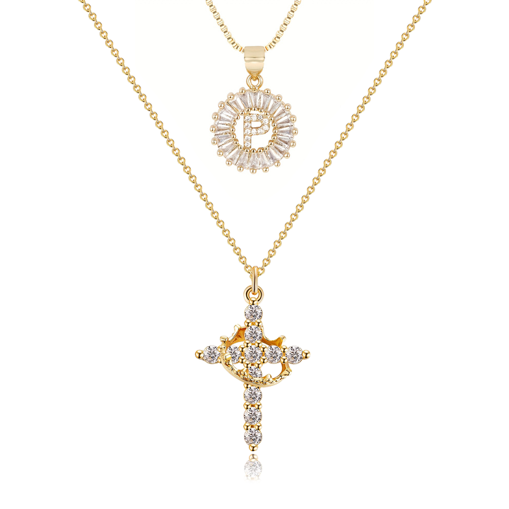 2pc 14k Diamond Cross Crown & Initial Necklace Set