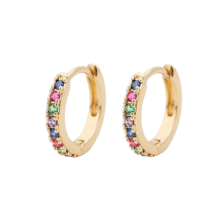 Hoops with multicolored zirconia in 14-karat gold-plated copper in 7mm and 9mm.