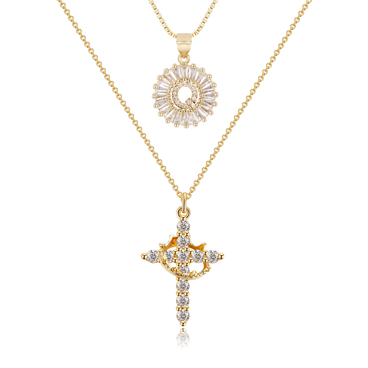 2pc 14k Diamond Cross Crown & Initial Necklace Set