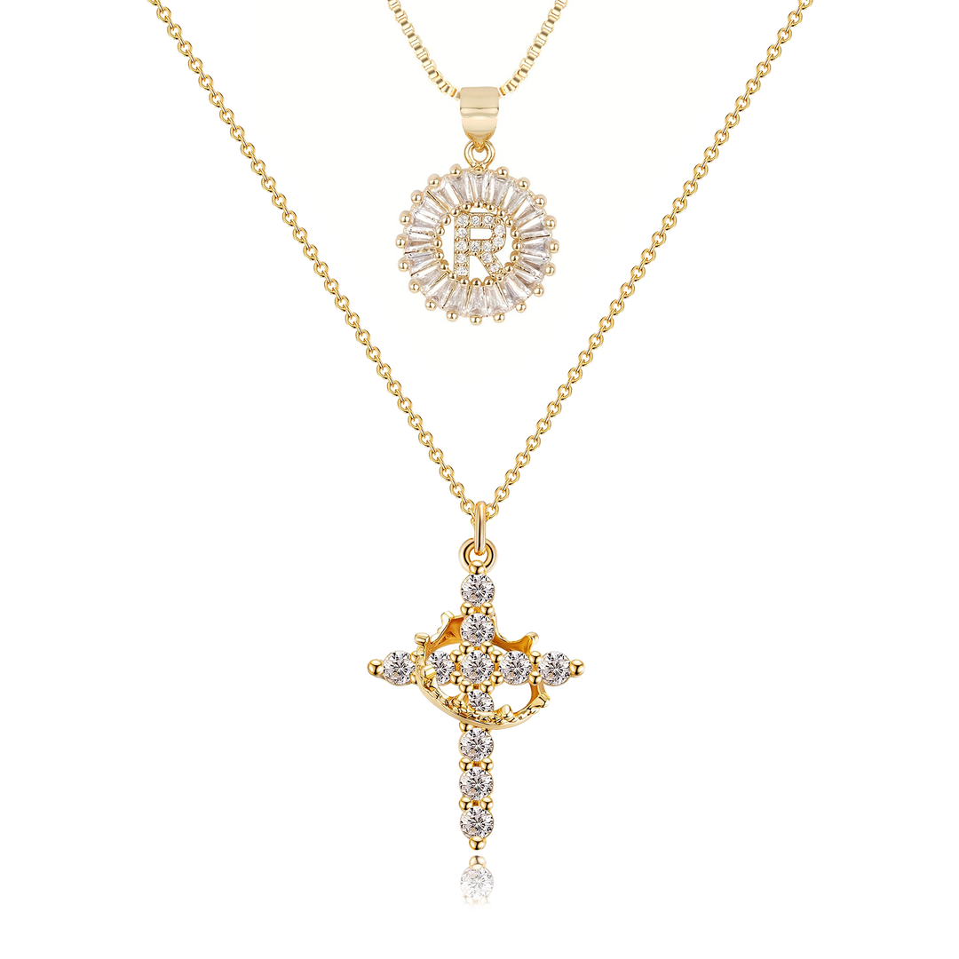 2pc 14k Diamond Cross Crown & Initial Necklace Set