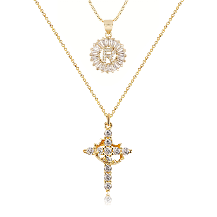 2pc 14k Diamond Cross Crown & Initial Necklace Set