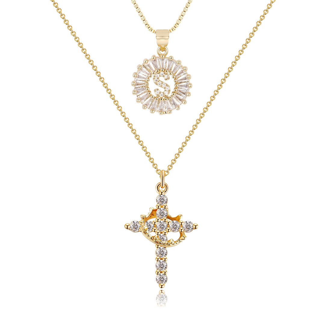 2pc 14k Diamond Cross Crown & Initial Necklace Set