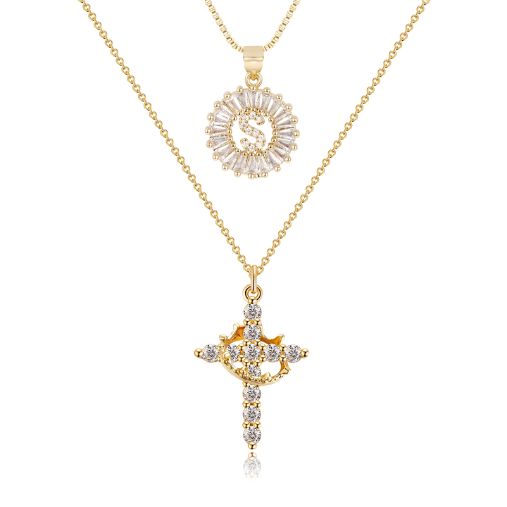 2pc 14k Diamond Cross Crown & Initial Necklace Set